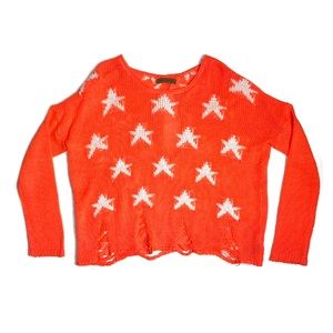 Oversized distressed orange & white star sweater